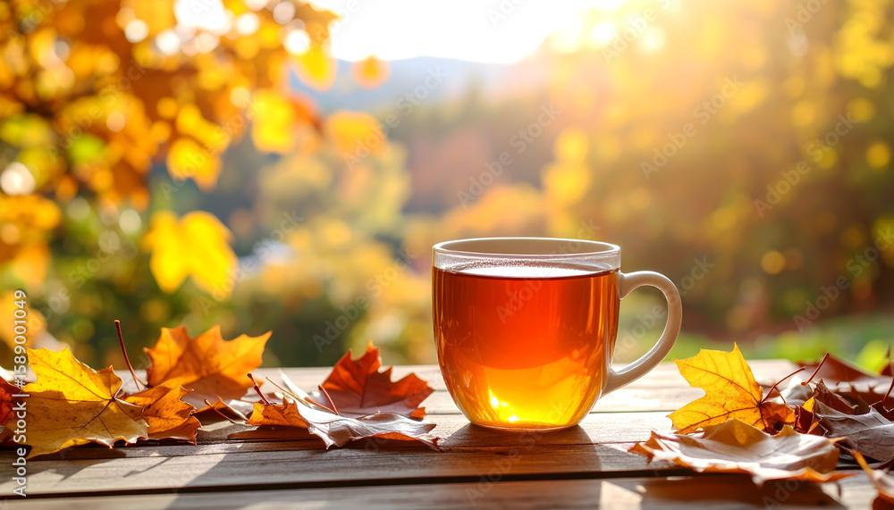 Autumn Tea: Warm Drink on Wooden Table with Golden Leaves Autumn Tea: Warm Drink on Wooden Table with Golden Leaves