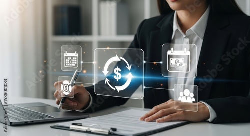 Businesswoman analyzing financial data with digital icons representing investment and planning for future growth strategy