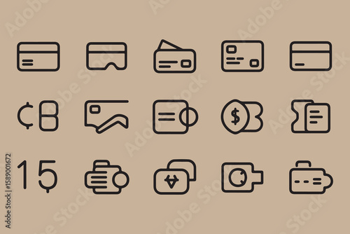Collection of modern outline icons representing financial services and payment methods on a neutral background
