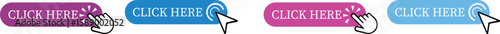Click Here Button Icon set.Pointer Click button. Modern action button mouse click symbol. Computer mouse click cursor or Hand pointer symbol. Cursor arrow icon. Clicking finger. Vector illustration.