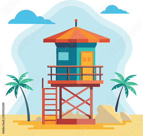 Lifeguard Tower on Secluded Coastline in Flat Style