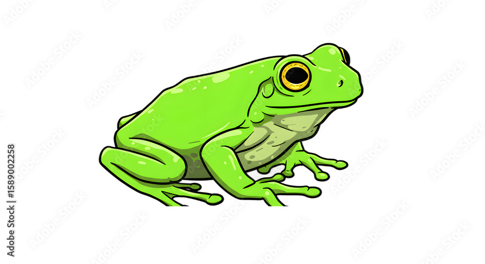 Fototapeta premium Cartoon Green Frog Illustration on Black Background png, isolated on tranparent background