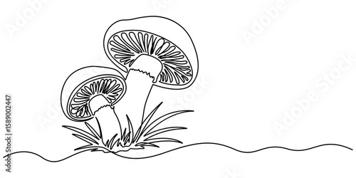 Mushroom One Line Drawing Of Minimalist Vector Icon. Abstract shaped bell mushroom. single line bell mushroom icon. Mushrooms drawing by one continuous line isolated vector