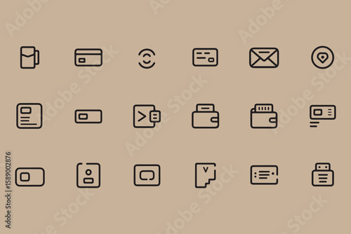Collection of simple outline icons representing various objects and concepts like credit cards wallets mail and location markers