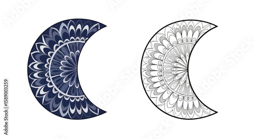 Crescent Moon Mandala Coloring Page Featuring Beautifully Colored and Clear Outline Version