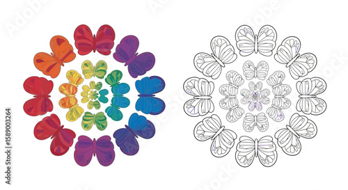 Beautiful Concentric Butterfly Mandala Coloring Page in Full Color and Intricate Line Art