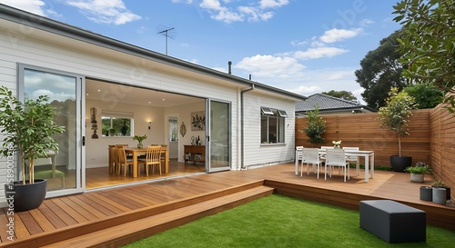 A modern house with a wooden deck and a green backyard