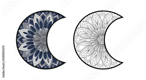 Serene Crescent Moon Mandala Coloring Page in Full Color and Detailed Line Art for Creativity