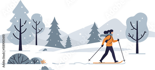 Woman snowshoeing winter landscape illustration