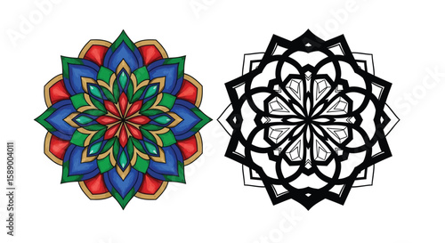 Diamond Symmetry Mandala Coloring Page Featuring Vibrant Full Color and Clear Outline View