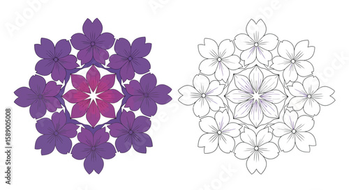 Five Petal Flower Mandala Coloring Page with Beautifully Colored and Clear Outline Version