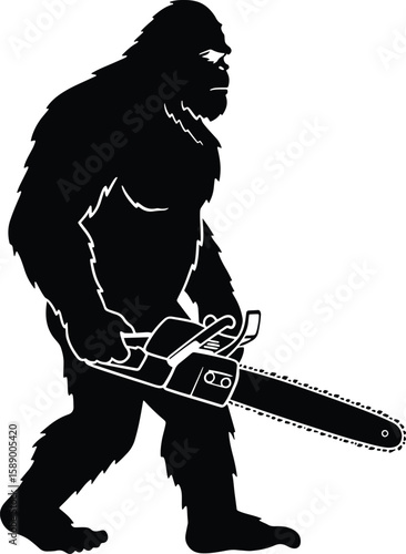 Bigfoot Sasquatch holding chainsaw walking silhouette vector illustration