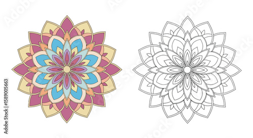 Floral Lace Mandala Coloring Page Featuring Delicate Colored and Intricate Outline Version