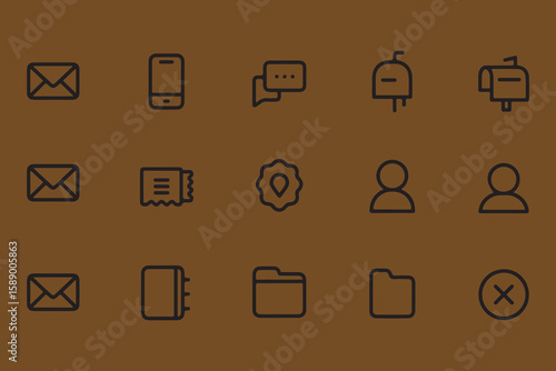 Collection of simple black line icons representing communication and organization on a brown background