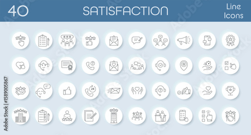Line icon set showing customer satisfaction and quality service. Includes stars, rating, feedback, communication, reviews, surveys, help, and support. Great for business, service, and marketing themes