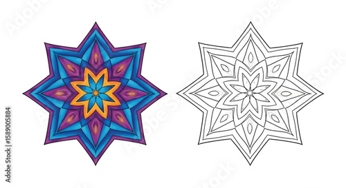 Geometric Star Mandala Coloring Page Presenting Vibrant Colored and Outline Variants for Art
