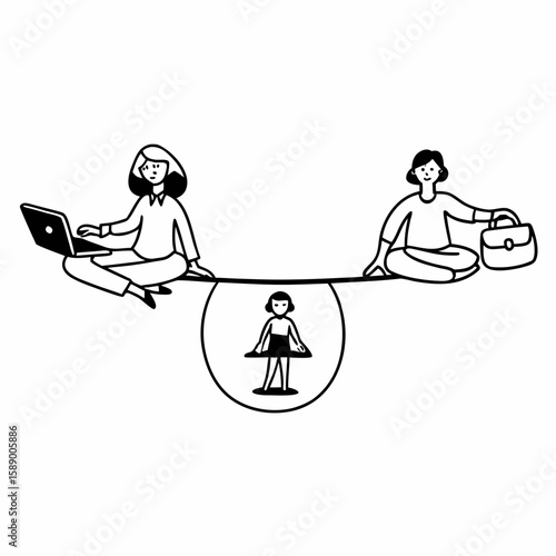 Clean line art of a person balancing work (laptop, briefcase) and personal life (yoga, family), black and white minimal outlines