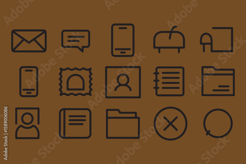 Collection of simple outline icons representing communication organization and digital interaction on a brown background