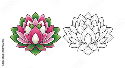 Beautiful Lotus Flower Mandala Coloring Page with Colored and Outline Artistic Forms