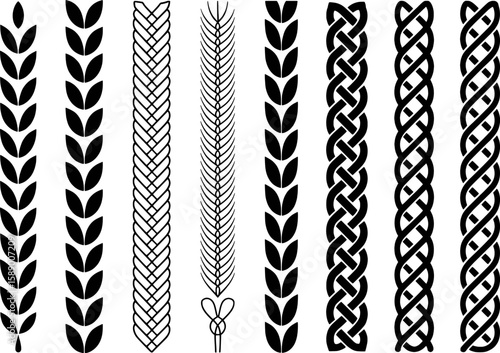 Black decorative borders and patterns featuring leaves braids and Celtic knots white background