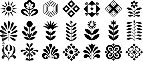 Black floral and geometric decorative elements vector silhouette