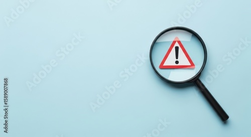Free Download Magnifying Glass Focusing on an Exclamation Point Warning Sign on a Light Blue Background - GFXLoad