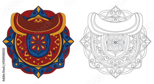 Traditional Mongolian Nomadic Mandala Coloring Page with Colored and Outline Art Styles