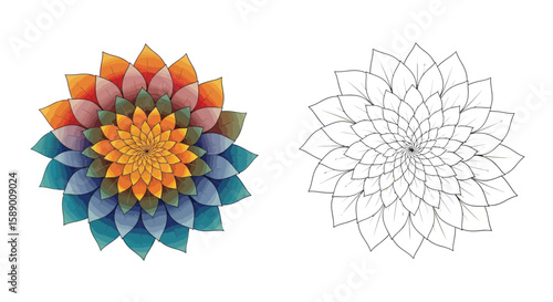 Dynamic Petal Spiral Mandala Coloring Page with Realistic and Outline Digital Format
