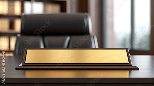 Polished gold nameplate on dark wood desk office