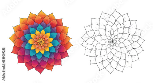 Intricate Petal Spiral Mandala Coloring Page Vibrant Realistic and Outline Art Format