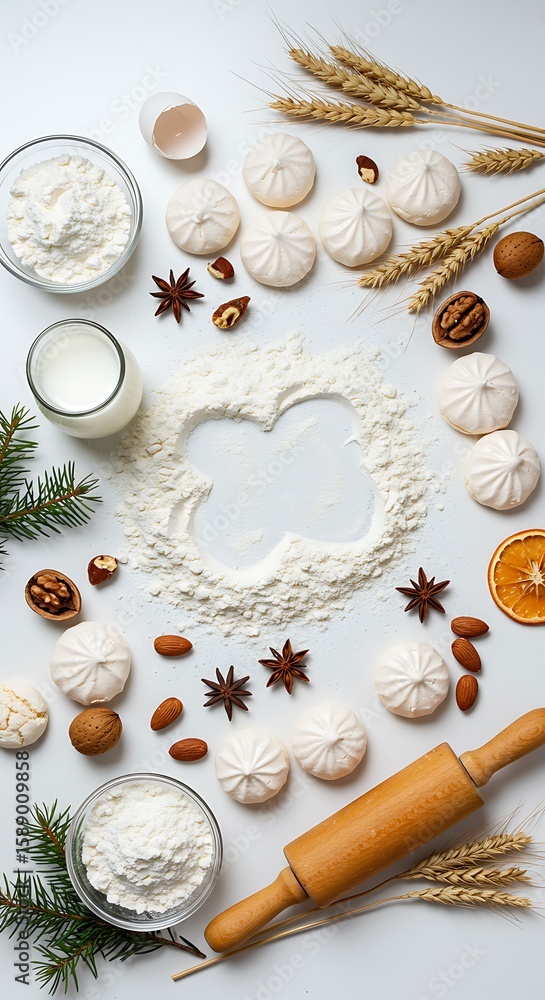 Fototapeta premium Baking ingredients and meringues arranged on a white surface