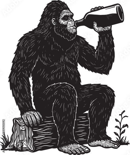 Bigfoot Sasquatch drinking bottle sitting log silhouette vector illustration