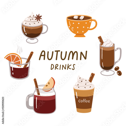Autumn drinks and desserts, doodle collection, autumn cozy set, design for posters, cards, stickers