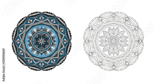 Ancient Scandinavian Runic Mandala Coloring Page Vibrant Colored and Outline Symbol Set
