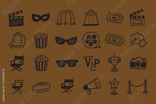 Collection of hand drawn movie and cinema icons including clapperboard popcorn tickets sunglasses and director chairs