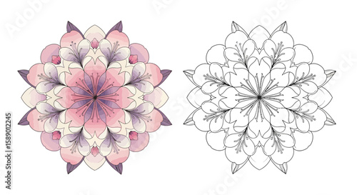 Elegant Symmetrical Blossom Mandala Coloring Page Vibrant Colored and Outline Design Styles