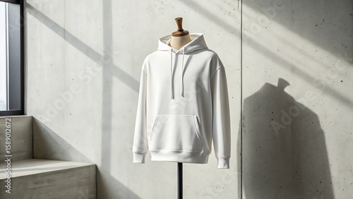 A white hooded sweatshirt displayed on a mannequin in a minimalist setting with sunlight casting shadows on a concrete wall.