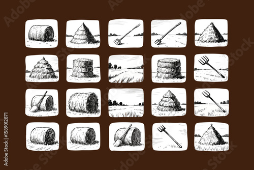 Collection of hand drawn illustrations featuring hay bales pitchforks and rural landscapes in a vintage sketch style