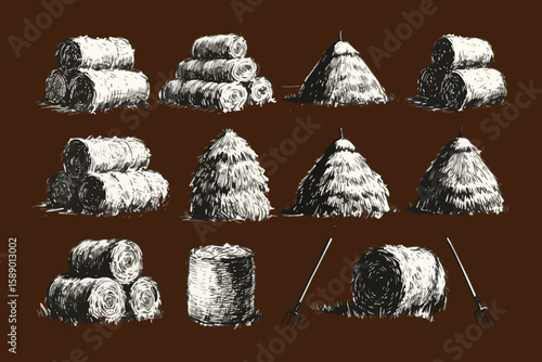 Collection of stylized illustrations depicting various hay bale shapes and a pitchfork on a dark brown background