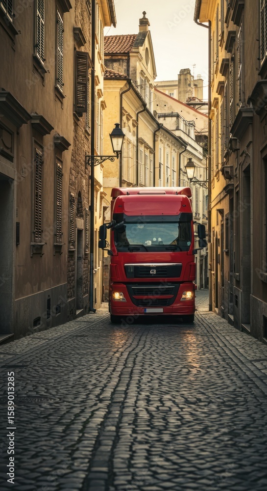 Obraz premium Red truck in narrow city alley