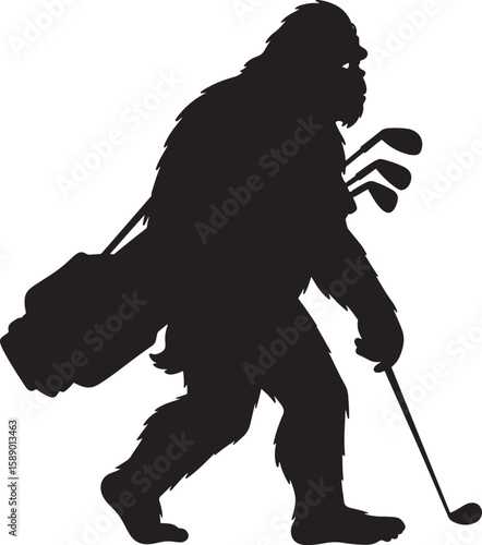 Bigfoot Sasquatch playing golf with club bag silhouette vector illustration