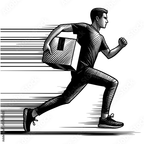 Man carrying box running along speed lines background