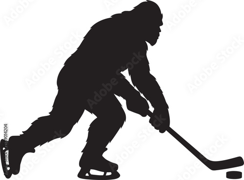 Bigfoot Sasquatch playing ice hockey stick puck silhouette vector illustration