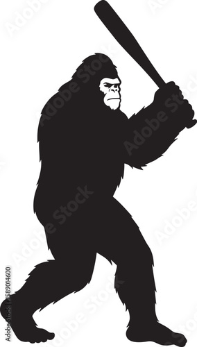 Bigfoot Sasquatch playing baseball with bat silhouette vector illustration 