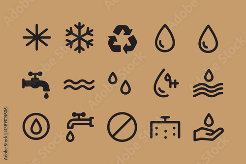 Collection of black line icons representing water cold recycling and sanitation on a brown background
