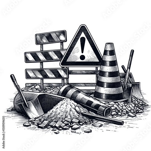 Construction roadblock illustrated in black-and-white warning of hazards