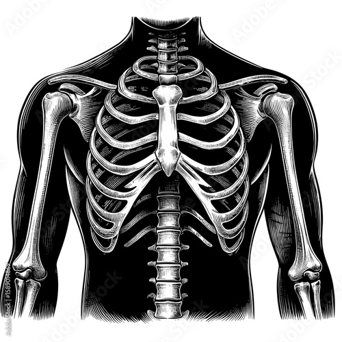 Skeleton diagram in detailed black and white illustration form