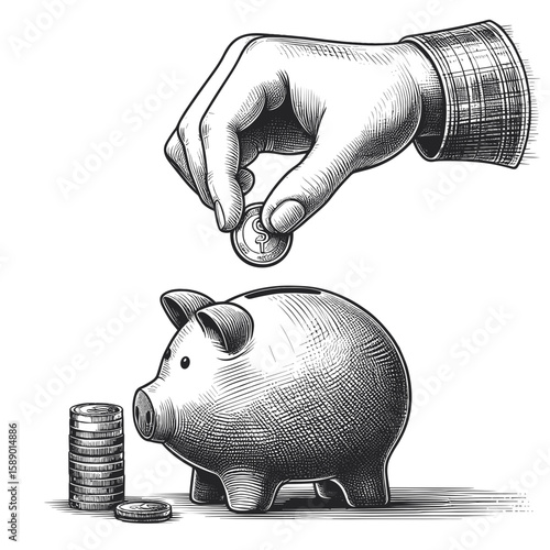 Hand placing coin into piggy bank illustration in monochrome for saving