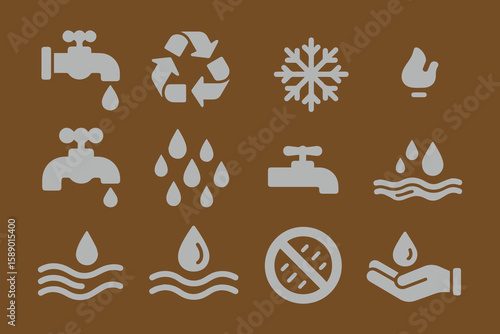 Collection of simple icons representing water conservation recycling and environmental care on a brown background