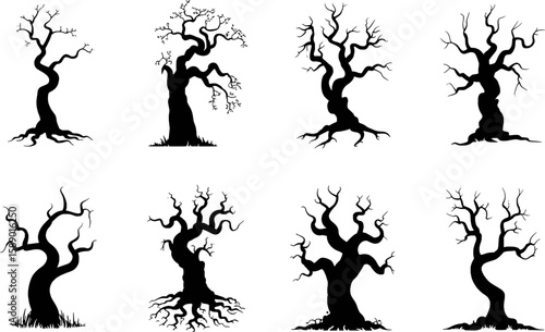 Twisted bare trees with gnarled branches and exposed roots vector